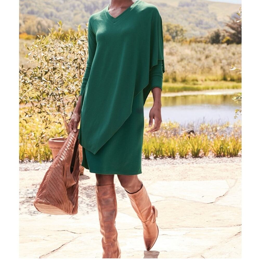 Soft Surroundings Green Asymmetrical Draped Dress L Marla Stretch Knit Artsy